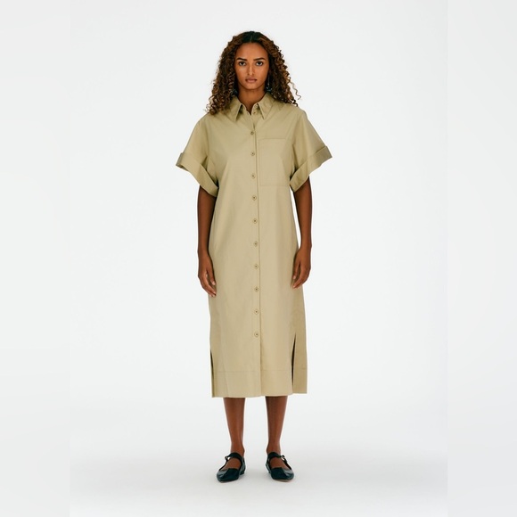 Tibi Eco Poplin Shirt Dress Clay Tan XXS | Organic Cotton Midi Button Front - Picture 2 of 11